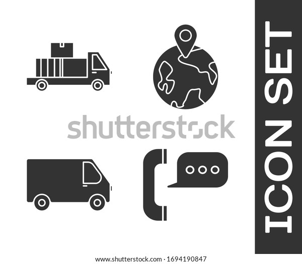 Set Telephone with speech bubble chat , Delivery\
truck with cardboard boxes, Delivery cargo truck vehicle  and\
Worldwide  icon. Vector
