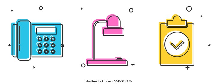 Set Telephone, Table lamp and Completed task icon. Vector