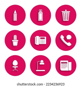 Set Telephone, Table lamp, News, handset and speech bubble chat, Office chair, Cactus succulent in pot, Trash can and Pencil icon. Vector