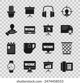 Set Telephone, Trash can, Certificate template, Headphones, Laptop with text work, Hand for search people, Cactus succulent in pot and Chalkboard diagram icon. Vector