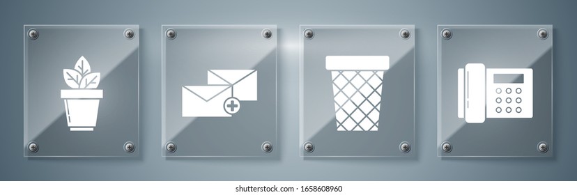 Set Telephone, Trash can, Envelope and Flowers in pot. Square glass panels. Vector