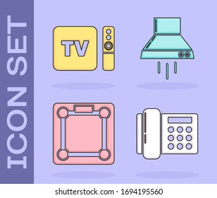 Set Telephone , TV box receiver and player with remote controller , Bathroom scales  and Kitchen extractor fan  icon. Vector
