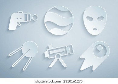 Set Telescope, Alien, Satellite, Comet fallen schnell, Planet und Ray Pistole Symbol. Vektorgrafik