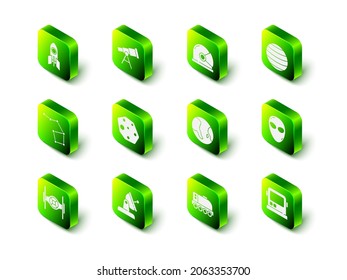 Set Telescope, Astronaut helmet, Planet Venus, Alien, Earth globe, Mars rover and Satellite dish icon. Vector
