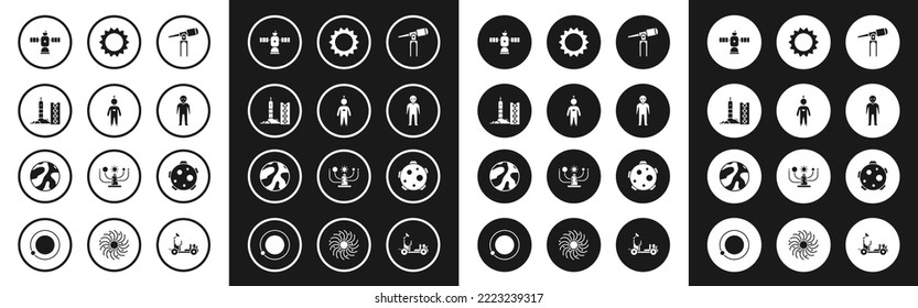 Set Telescope, Astronaut, Rocket launch from the spaceport, Satellite, Alien, Sun, Planet and  icon. Vector