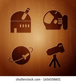Set Telescope, Astronomical observatory, Planet and Astronaut helmet on wooden background. Vector
