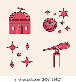Set Teleskop, Astronomisches Observatorium, Weltraum und Planet und Falling Stars Symbol. Vektorgrafik