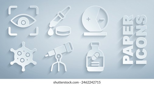 Set Telescope, Atom, Virus, Medicine bottle and pills, Pipette and Eye scan icon. Vector