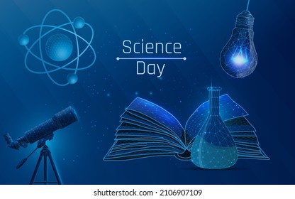 set of telescope, book, atom, light bulb and flask. national science day. development of technologies and achievements of mankind. plexus and wireframe style. low poly, triangle and dots