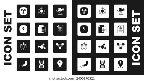 Set Telescope, Calculator, Lightning bolt, Radioactive, Chemistry report, Molecule,  and Magnet icon. Vector
