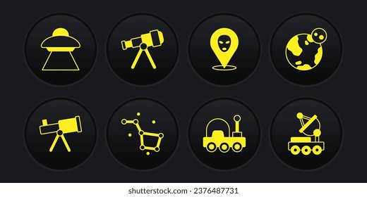 Set Telescope, Earth globe, Great Bear constellation, Mars rover, Alien,  and UFO flying spaceship icon. Vector