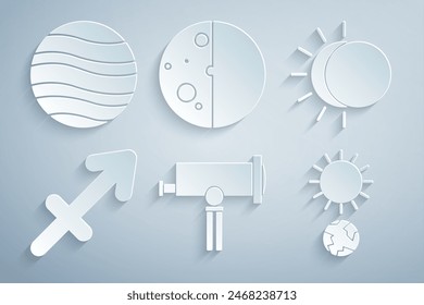 Set Telescope, Eclipse of the sun, Sagittarius zodiac, Solstice,  and Planet Jupiter icon. Vector