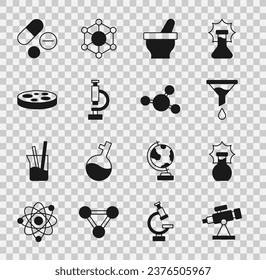 Set Telescope, Explosion in the flask, Funnel or filter, Mortar and pestle, Microscope, Petri dish with bacteria, Medicine pill tablet and Molecule icon. Vector