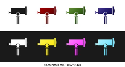 Set Telescope icon isolated on black and white background. Scientific tool. Education and astronomy element, spyglass and study stars.  Vector Illustration