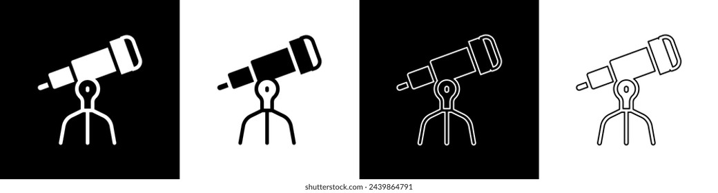 Establecer el icono del telescopio aislado sobre fondo blanco y negro. Herramienta científica. Elemento de educación y astronomía, spyglass y estrellas de estudio.  Vector