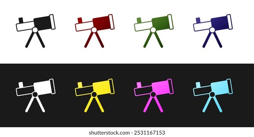 Icono del telescopio aislado en el fondo blanco y negro. Herramienta científica. Elemento de Educación y astronomía, spyglass y estrellas de estudio.  Vector