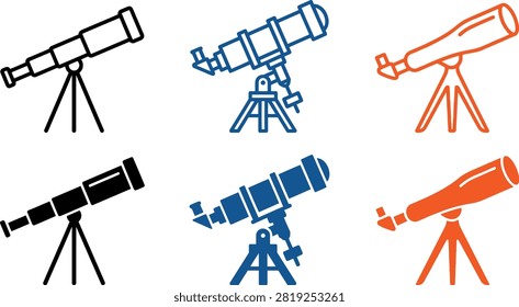 Set of telescope icons, astronomy, observation, science, discovery, exploration, research, optics, vision, space, stargazing, vector illustration