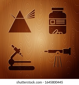 Set Telescope, Light rays in prism, Microscope and Medicine bottle and pills on wooden background. Vector