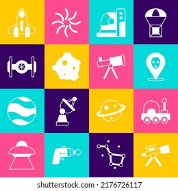 Set Telescope, Mars rover, Alien, Astronaut helmet, Asteroid, Cosmic ship, Rocket and  icon. Vector