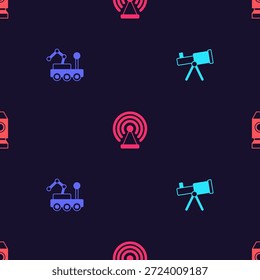 Set Telescope, Mars rover, Radar and Rocket ship on seamless pattern. Vector