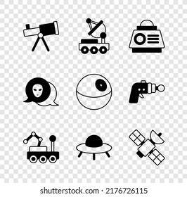 Set Telescope, Mars rover, Space capsule, UFO flying spaceship, Satellite, Alien and Planet icon. Vector