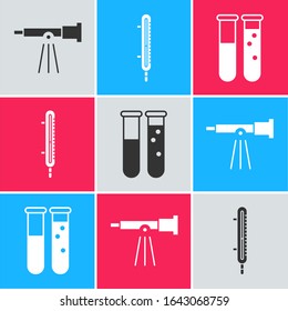 Set Telescope, Meteorology thermometer measuring and Test tube and flask chemical laboratory icon. Vector