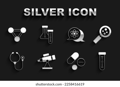 Set Telescope, Microorganisms under magnifier, Test tube, Medicine pill tablet, Stethoscope, Atom, Molecule and  icon. Vector