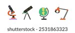 Set of telescope, microscope and globe in flat style. Natural phenomena. Hand drawn vector illustration.