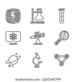 Set Telescope, Microscope, Molecule, Microorganisms under magnifier, Planet Saturn, Atom, Test tube and Lightning bolt icon. Vector
