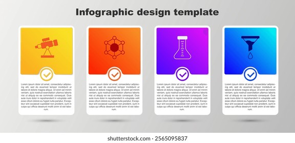 Set Telescope, Molecule, Test tube and Funnel or filter. Business infographic template. Vector