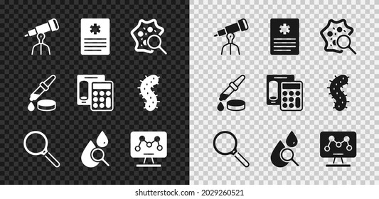 Set Telescope, Patient record, Microorganisms under magnifier, Magnifying glass, Drop and magnifying, Genetic engineering, Pipette and Calculator icon. Vector