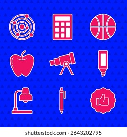 Set Telescope, Pen, Hand thumb up, Marker pen, Table lamp, Apple, Basketball ball and Solar system icon. Vector