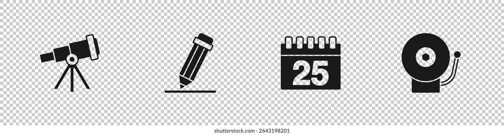 Set Telescope, Pencil with eraser, Calendar and Ringing alarm bell icon. Vector