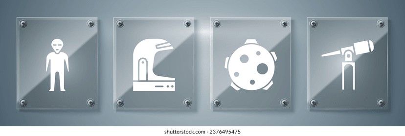 Set Telescope, Planet, Astronaut helmet and Alien. Square glass panels. Vector