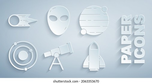 Set Telescope, Planet, Solar system, Rocket ship, Alien and Comet falling down fast icon. Vector