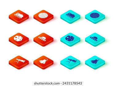 Set Telescope, Rocket ship, Asteroid, UFO flying spaceship, Planet and Mars rover icon. Vector