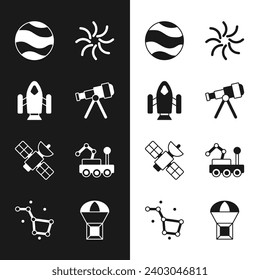 Set Telescope, Rocket ship, Planet, Black hole, Satellite, Mars rover, Box flying on parachute and Great Bear constellation icon. Vector