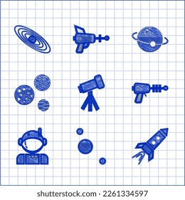 Set Telescope, Solar system, Rocket ship with fire, Ray gun, Astronaut, Planet,  and  icon. Vector