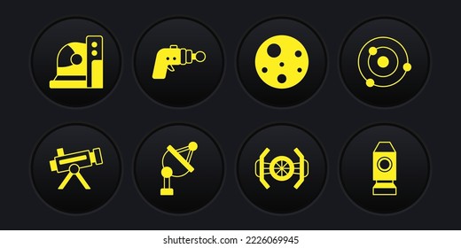 Set Telescope, Solar system, Satellite dish, Cosmic ship, Planet Mars, Ray gun, Rocket and Astronaut helmet icon. Vector