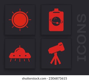 Set Telescope, Sun, Planet and UFO flying spaceship icon. Vector