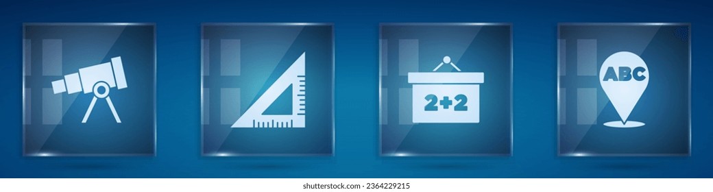 Set Telescope, Triangular ruler, Chalkboard and Alphabet. Square glass panels. Vector