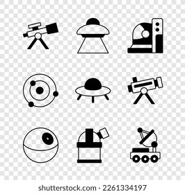 Set Telescope, UFO flying spaceship, Astronaut helmet, Planet, Astronomical observatory, Mars rover, Solar system and  icon. Vector