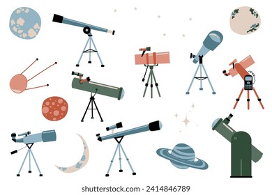 Teleskope, astronomisches Teleskop, Refraktor, Reflektor, Dobsonian Reittier, Nachtoptik für Sterne, exakte Größe. Cartoon Observatorie. Erforschung von Galaxien, Planeten, Sternen, Satelliten