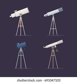 Set telescopes on support to observe stars. Astronomy. Vector illustration.