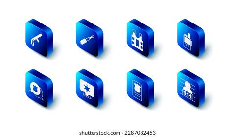 Set Telescopic baton, Bulletproof vest, Walkie talkie, Suspect criminal, Police badge with id case, Hexagram sheriff,  and rubber icon. Vector