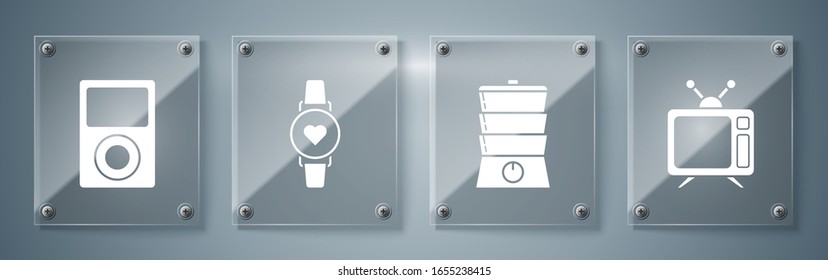 Set Television, Double boiler , Smart watch showing heart beat rate  and Music player . Square glass panels. Vector