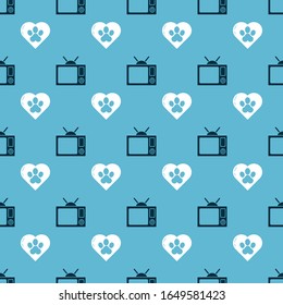 Set Television and Heart with animals footprint on seamless pattern. Vector