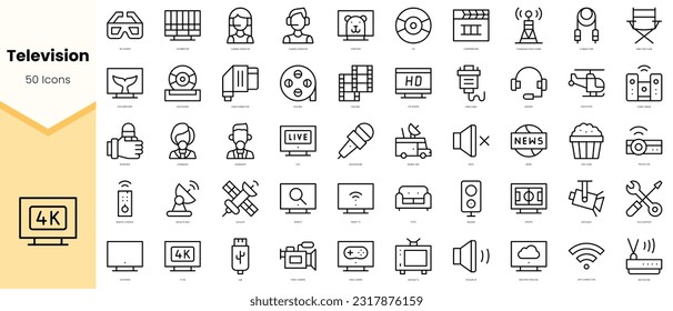 Juego de iconos de la televisión. Paquete de iconos de estilo de arte de línea simple. Ilustración del vector