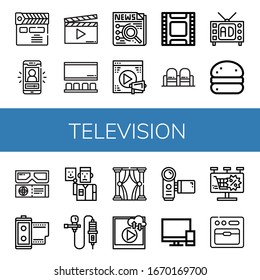 Set of television icons. Such as Clapperboard, Vlog, Cinema, News, Video, Film, Movie, Television, Bola de berlim, d movie, Film roll, Actor, Lavalier, Theatre , television icons