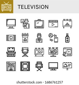 Set Of Television Icons. Such As Television, Monitor, Actor, Tv, Clapperboard, Billboard, Film, Tower, Journalist, Communication, Remote Control, Ads, Director Chair , Television Icons